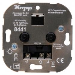 Doppel-Dreh-LED-Dimmer-Einsatz mit 2 x Dreh-Ausschalter für konv. Trafos - 2 x 15-120 W/VA - LED 2 x 5-40 W - KOPP 